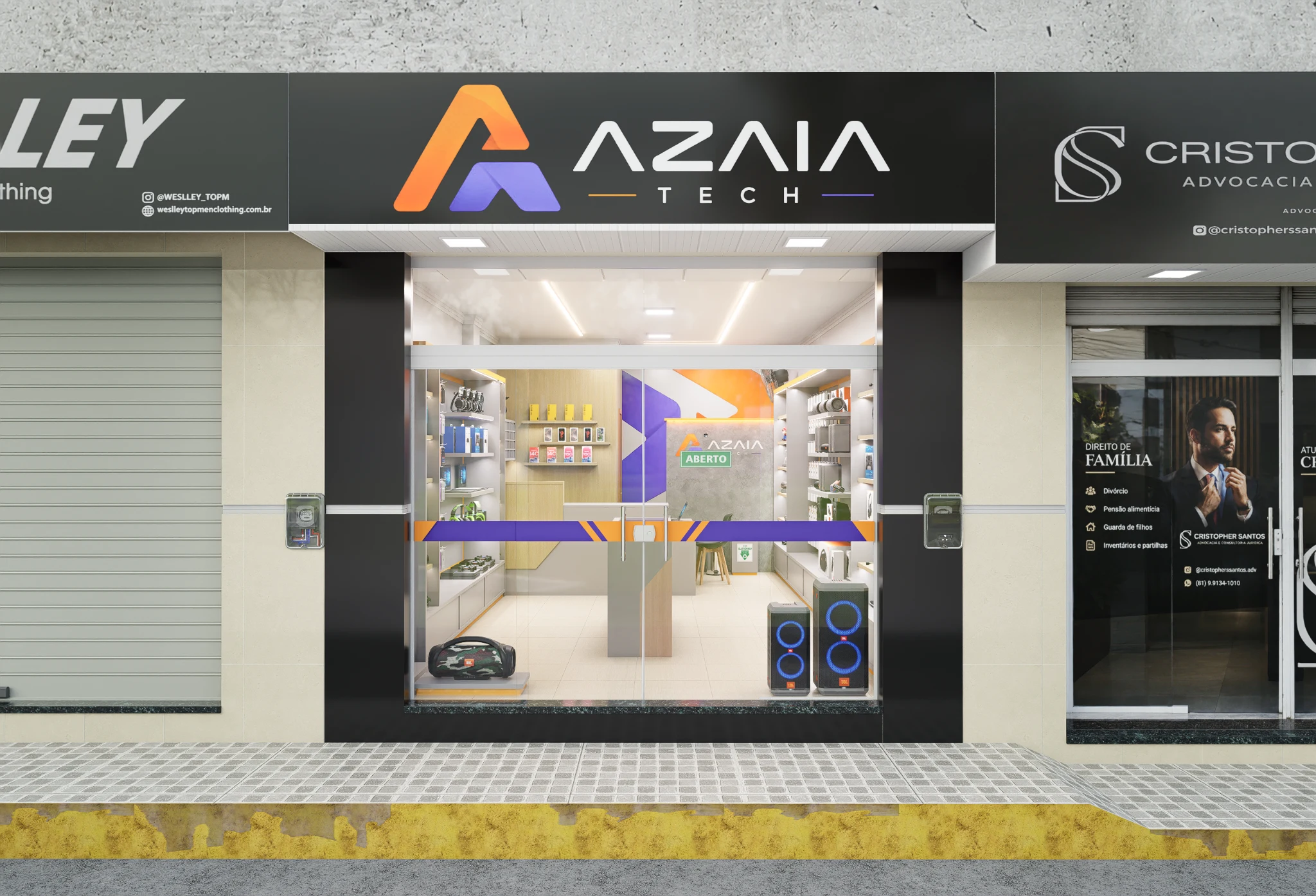 Visualização 3D da fachada e interior da Azaia Tech