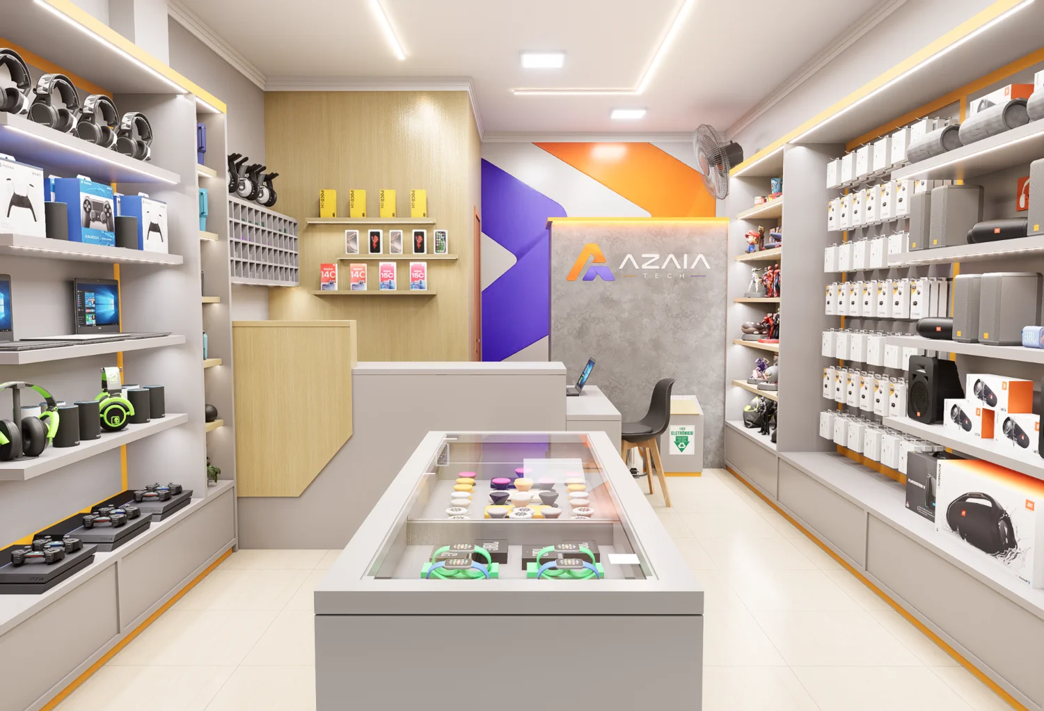 Projeto 3D: Interior Azaia Tech, com expositores, balcão e identidade laranja e violeta