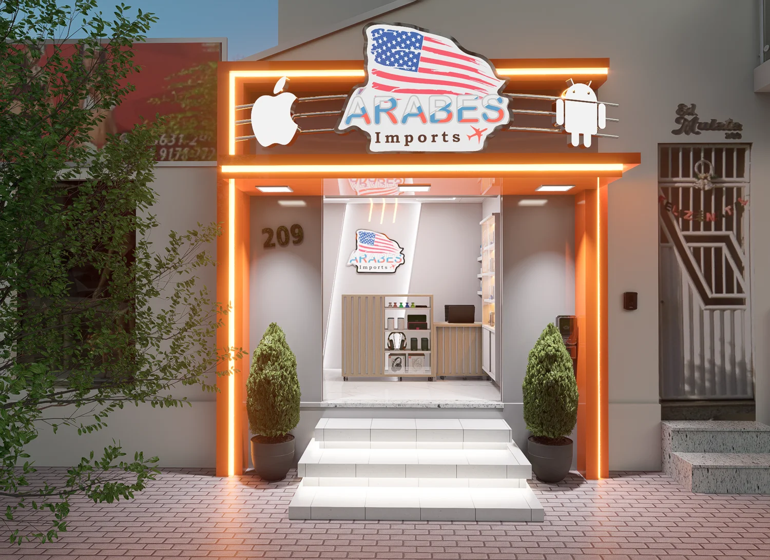 Projeto 3D: Fachada Arabes Imports com moldura laranja iluminada