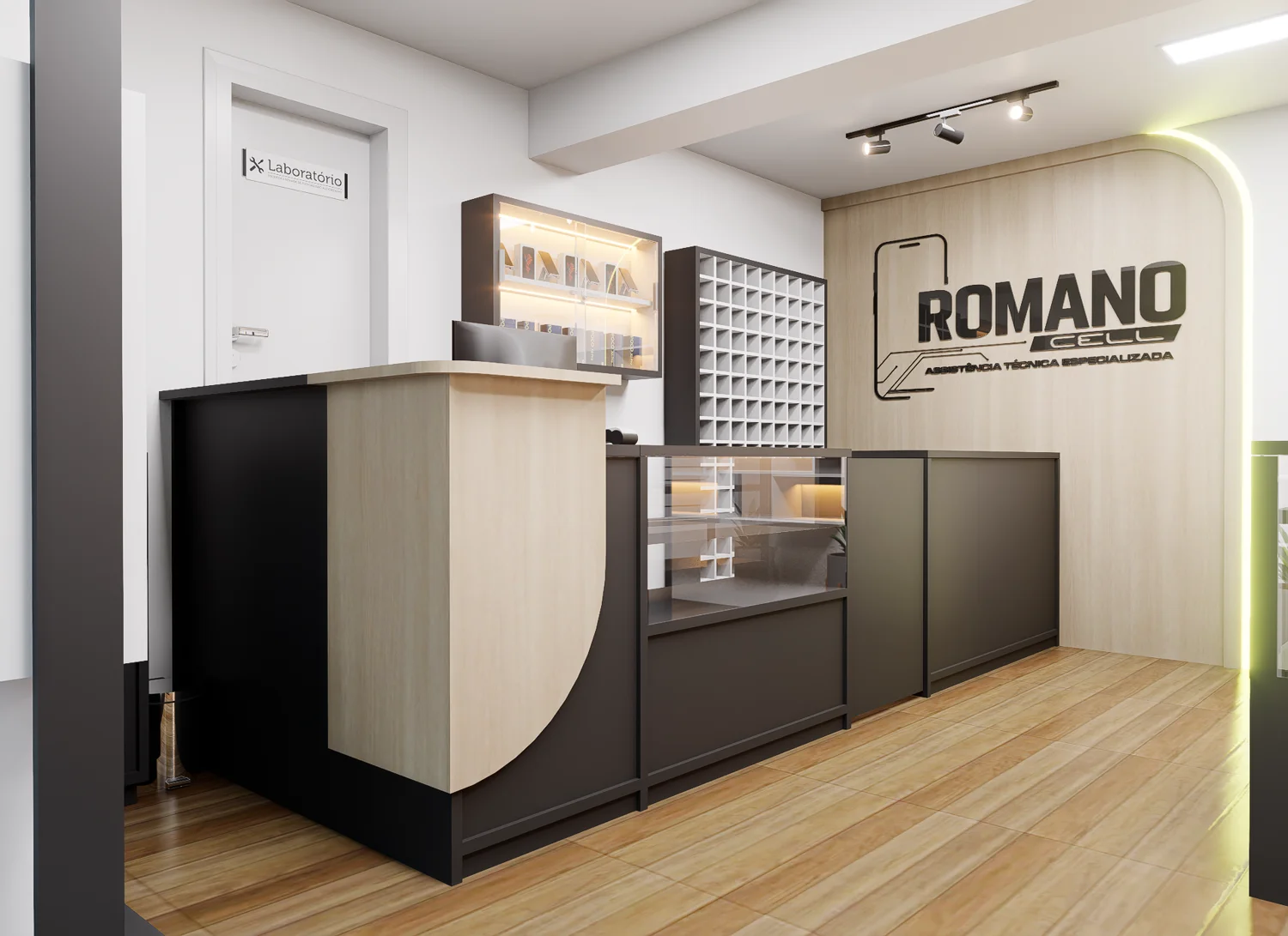 Projeto 3D: Recepção Romano com balcão, painel de madeira e iluminação