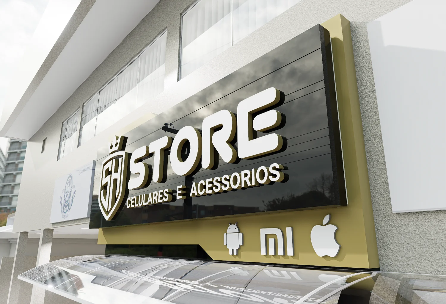 Projeto 3D: Fachada de loja de celulares e acessórios com placa preta e dourada