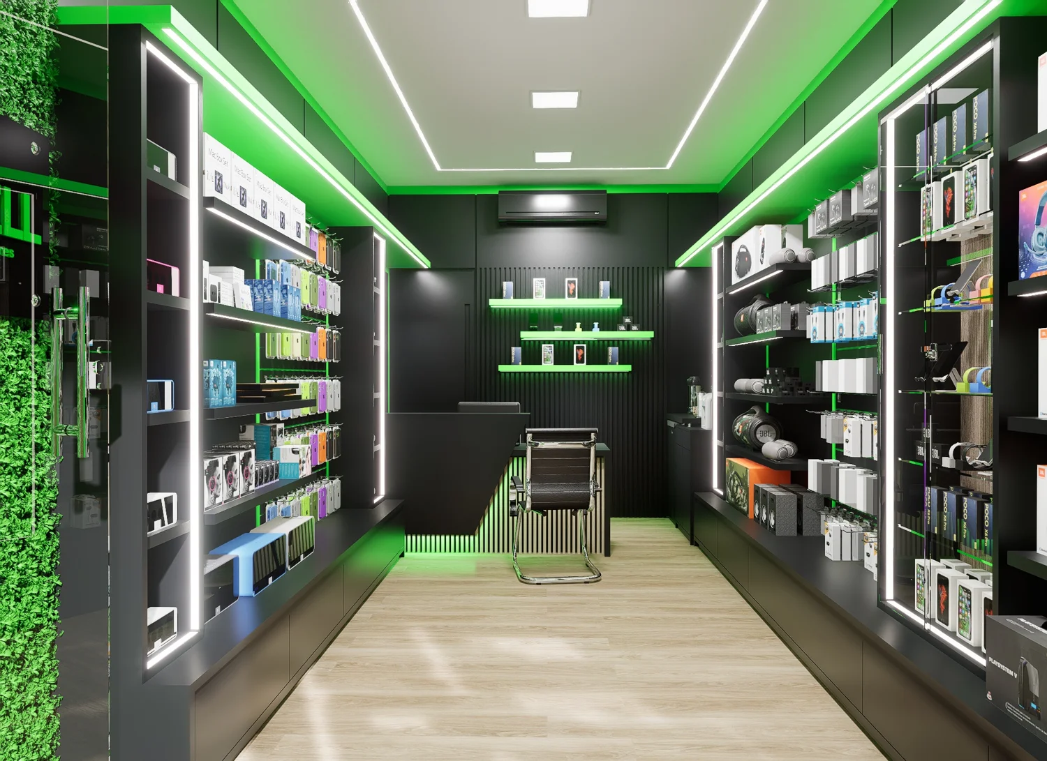 Projeto 3D: Interior de loja de celulares com móveis escuros e iluminação verde