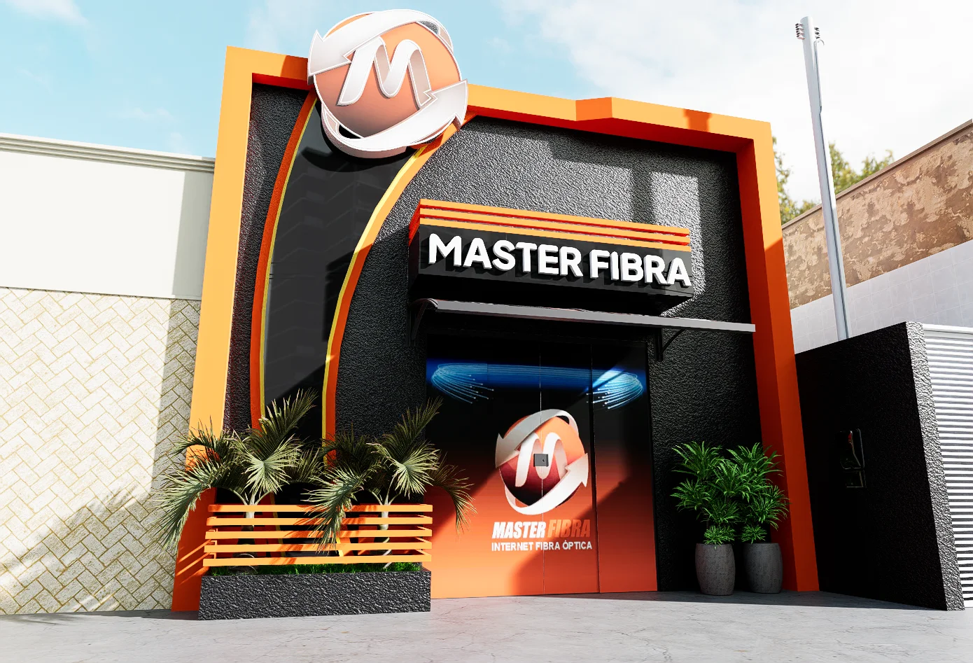 Projeto 3D: Fachada Master Fibra com identidade preta e laranja